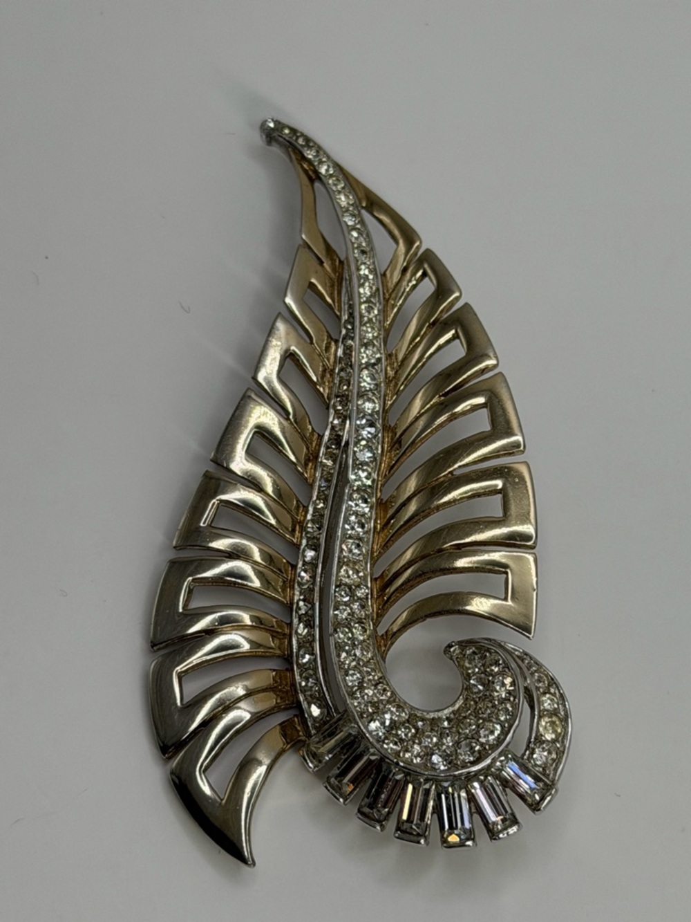 Boucher 40s Vtg Silver and Gold-Tone Rhinestone Leaf Brooch